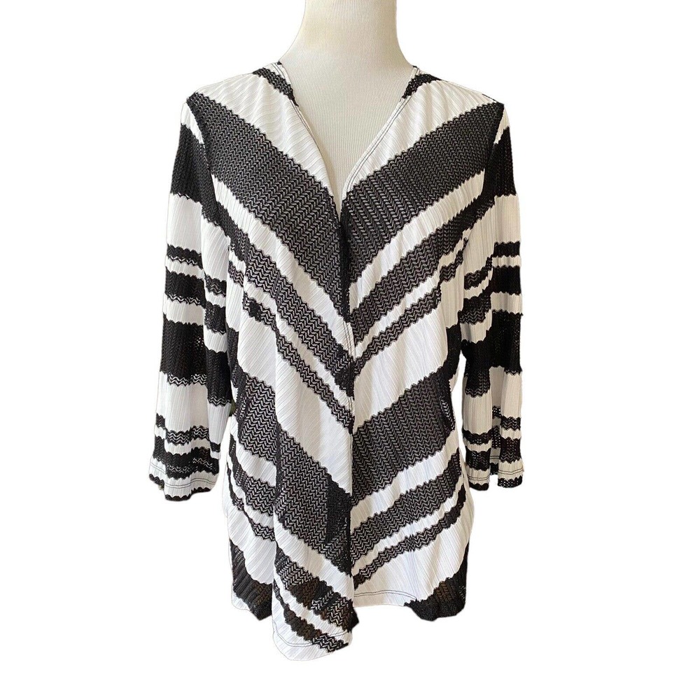 Easywear By Chico's 2, Large Open Front 3/4 Sleeve Cardigan White Black X240